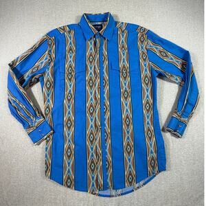 Wrangler Men's M Western Southwestern Snap Button Blue Long Sleeve Cowboy Shirt